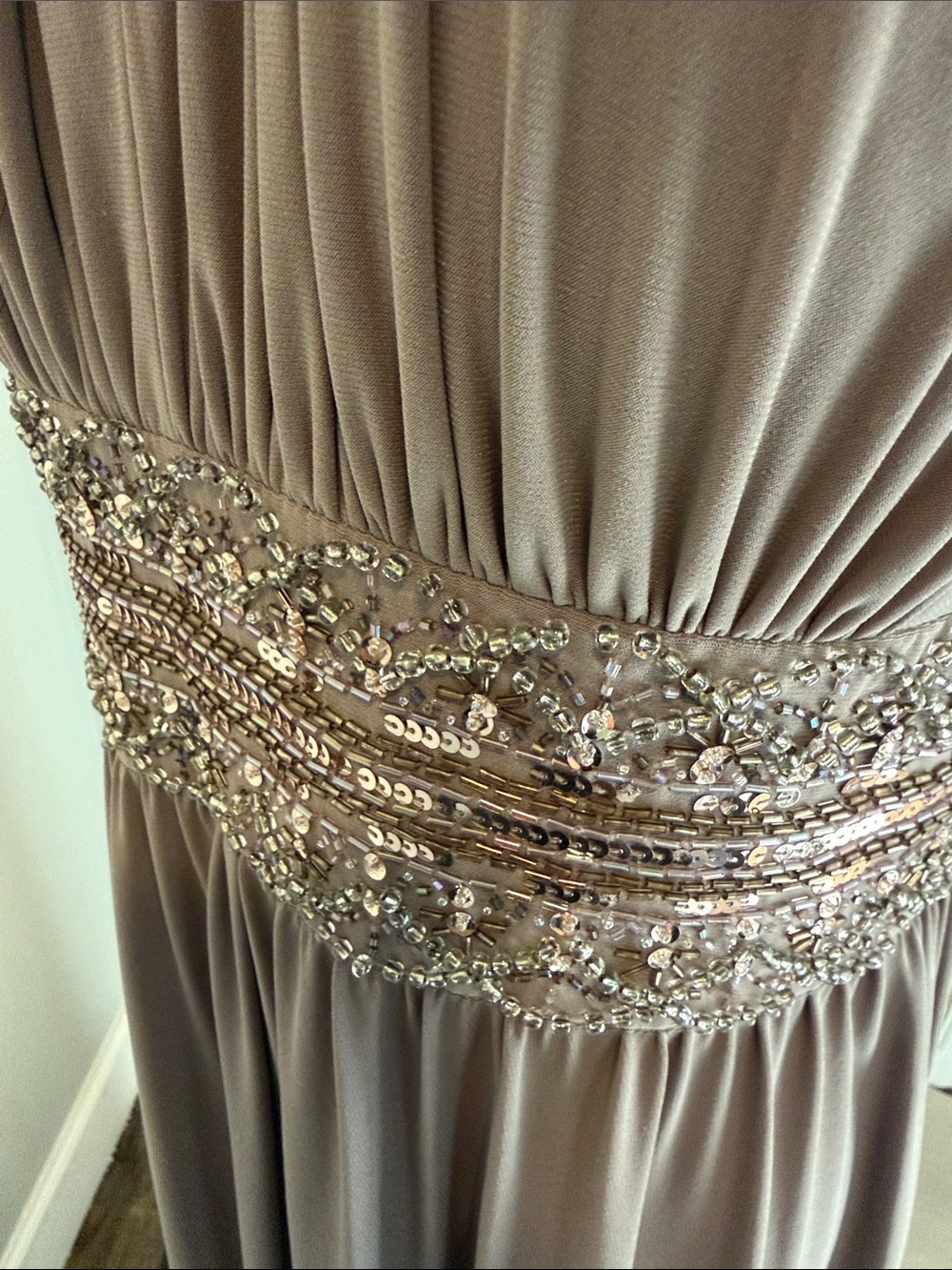 R & M Richards Taupe Halter Maxi Gown with Sequin Waistband - Picture 5 of 5